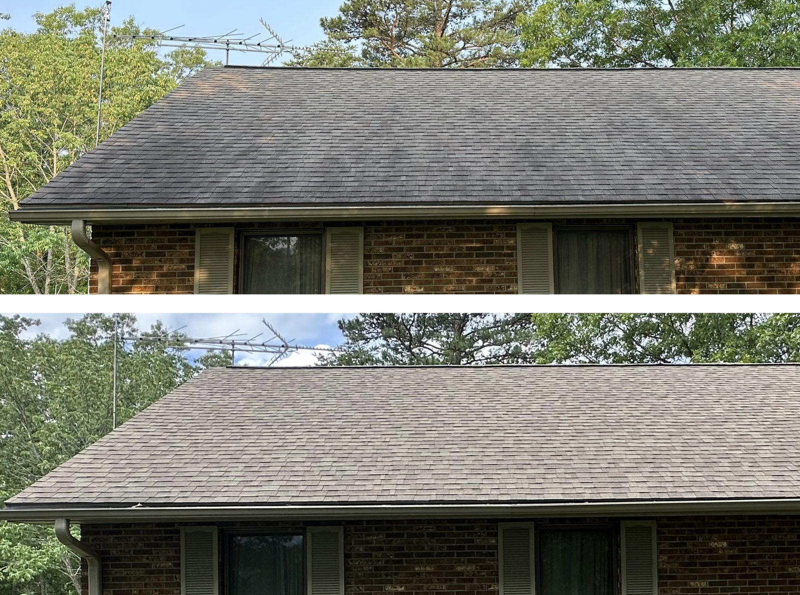Asphalt Roof Cleaning in Lebanon, ME before and after pressure washing
